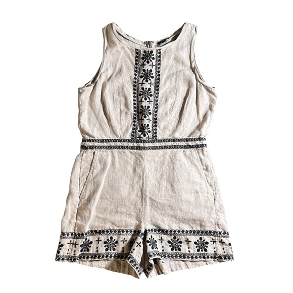 Loft 100% Linen Boho Embroidered Sleeveless Romper in Beige Sand Size 8 - Picture 1 of 9